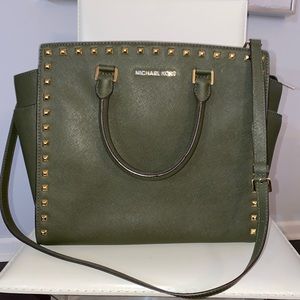 Michael Kors XL Green and Gold Selma Stud Satchel